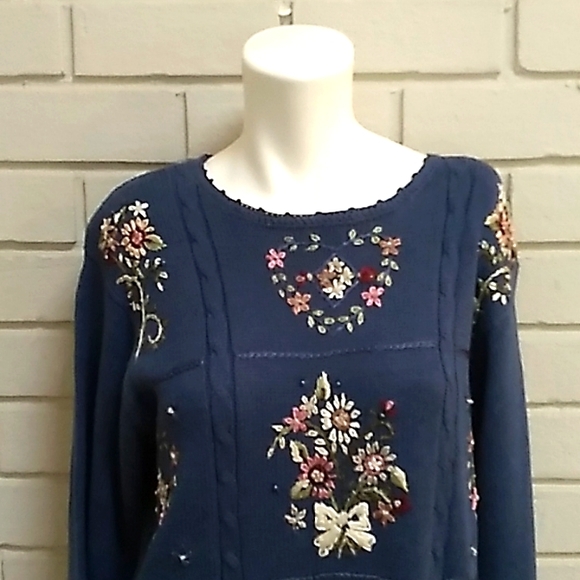 Maggie Lawrence Blue Floral Embroidered beaded Sweater. Size See Measurements - Picture 2 of 10